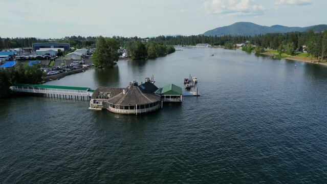 Coeur d' Alene, Idaho USA - June 07 2023: Aerial view of one of the most popular restaurants in the city, Cedars Floating Restaurant in Lake Coeur d' Alene.