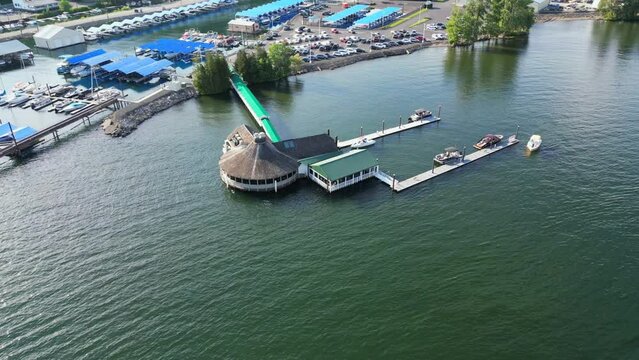 Coeur d' Alene, Idaho USA - June 07 2023: Aerial view of one of the most popular restaurants in the city, Cedars Floating Restaurant in Lake Coeur d' Alene.