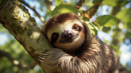 Cute sloth hanging on tree branch with funny face look, perfect portrait of wild animal in the Rainforest. AI Generative Image - obrazy, fototapety, plakaty