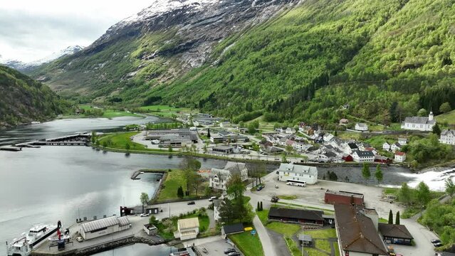 Hellesylt Village with departures to Geiranger fjord in Western Norway - Spring sunny day aerial