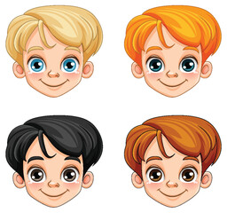 Set of c ute boy head cartoon character in different race and hair colour