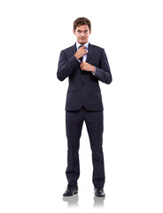 Obraz premium Portrait, fix tie and business man isolated on a transparent png background. Fashion, stylish suit and serious person, professional or entrepreneur from Australia with confidence for corporate career