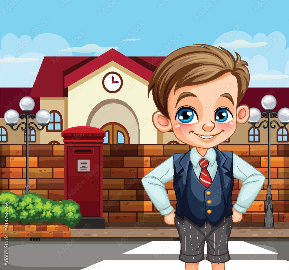 Wall mural student wearing school uniform at school scene