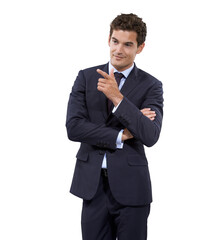 Business man, smile and pointing finger or advertising isolated on a transparent, png background. Corporate employee or young male person with hand sign for marketing, presentation or announcement