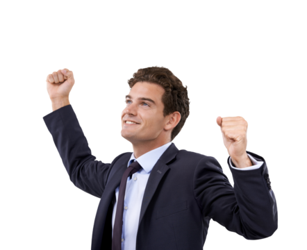 Winner, success and fist with a business man isolated on a transparent background in celebration. Wow, happy and motivation with a male employee in a suit cheering in victory or triumph on PNG - Powered by Adobe
