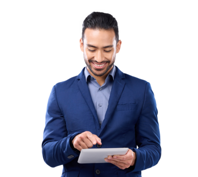 Tablet, corporate and planning with a business man isolated on a transparent background for information technology. Internet, research and networking with a happy young male employee searching on PNG