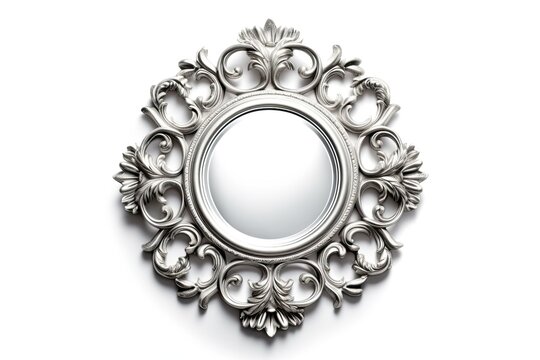 Mirror with Intricate Decorative Frame Vintage Style On White Background