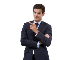 Portrait of businessman pointing, smile and isolated on transparent png background, deal and promo...