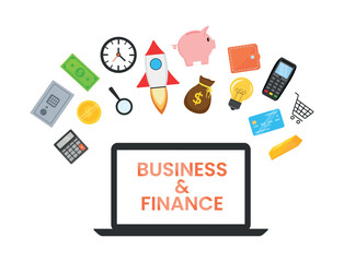 Business and finance set with lettering on laptop