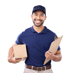 Portrait, box or documents with a delivery man isolated on transparent background for ecommerce...