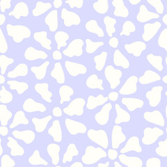 Hand-drawn botanical print. White flowers on a lavender background in the style of Henri Matisse. Seamless floral pattern.