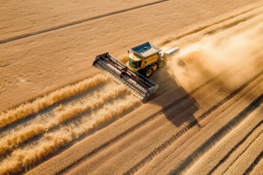 Aerial view of combine harvester in vast wheat field, AI Generative