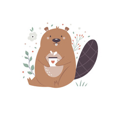 Vector illustration of a cute beaver sitting with a cup of tea in a green lush.