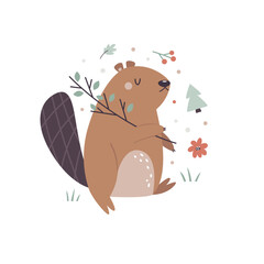 Vector illustration of a cute beaver walking with a tree - obrazy, fototapety, plakaty