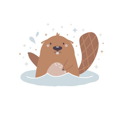 Vector illustration of a cute beaver swiming in a river. - obrazy, fototapety, plakaty