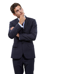 Thinking, idea and question with business man on transparent background for news, confused and decision. Choice, planning and doubt with employee isolated on png for solution, strategy and wondering