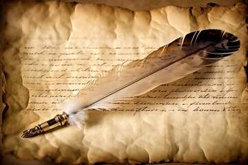 An antique feather quill ink-stained on an aged paper. generative AI