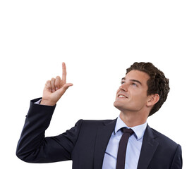 Advertising, pointing up or business man gesture at sales discount, corporate promotion or news announcement. Promo commercial, branding or professional person isolated on transparent, png background