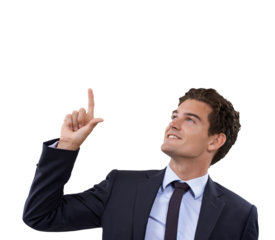 Advertising, pointing up or business man gesture at sales discount, corporate promotion or news announcement. Promo commercial, branding or professional person isolated on transparent, png background