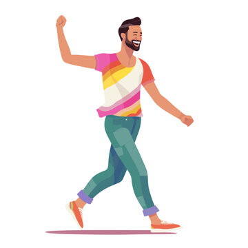 Happy and handsome man in colorful shirt walking and dancing vector illustration. Isolated character in motion image concept. AI generative