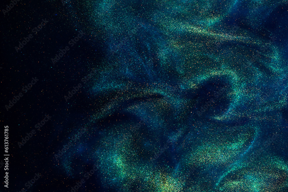 Wall mural various stains and overflows of gold particles in blue fluid with green tints. golden particles dust
