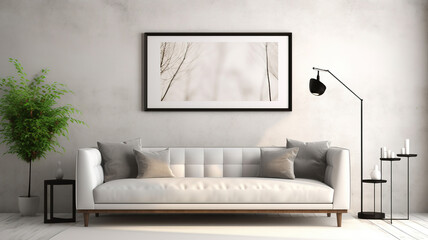Living room interior with sofa, a pictures on the wall, mock up. Home decor idea and Interior design. template, generative ai
