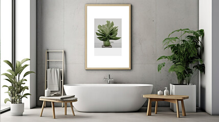 Baath room interior with a bathtub, picture on the wall, mock up. Home decor idea and Interior design. template, generative ai
