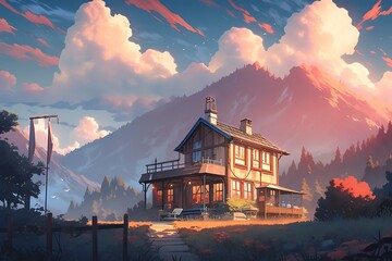 An isolated mountain chalet. generative AI