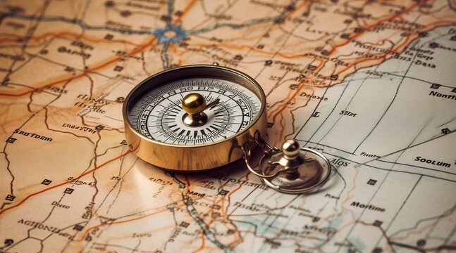 Magnetic compass   on world retro  map