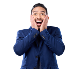 Wow, surprise and bonus with a business man looking excited isolated on a transparent background. Corporate, winner or shocked with a mind blown male employee feeling amazed by an announcement on PNG