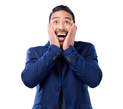 Wow, surprise and bonus with a business man looking excited isolated on a transparent background. Corporate, winner or shocked with a mind blown male employee feeling amazed by an announcement on PNG