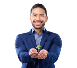 Portrait, ecology and business man, plant in hands with growth and investment isolated on transparent png background. Sustainability, eco friendly and male employee with agro company development