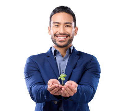 Portrait, ecology and business man, plant in hands with growth and investment isolated on transparent png background. Sustainability, eco friendly and male employee with agro company development