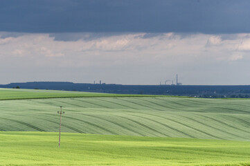 Widok na zielone pola, w oddali Elektrownia Dobrotwór w Ukrainie.