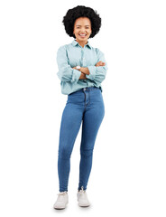 Fashion, crossed arms and portrait of black woman with smile on png, isolated and transparent...