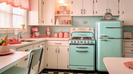 Vintage 1950s Kitchen with Pastel Appliances and Checkerboard Pattern , Real Estate Photography - obrazy, fototapety, plakaty