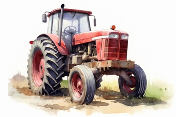 Tractor on the field, digital watercolor painting, isolated on white background