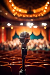 Microphone in conference hall or seminar room with attendee background.