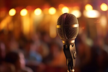 Microphone on stage in a concert hall or conference room, blurred background