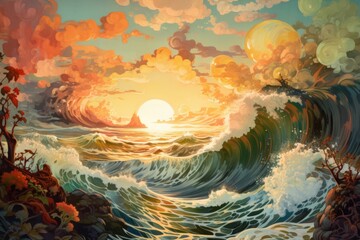 Illustration of a beautiful seascape at sunset. Digital painting.
