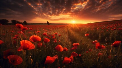 Fototapeta na wymiar Beautiful landscape with red poppies in meadow at sunrise