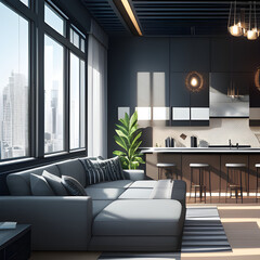 Stylish modern living room interior design. Bright room with stylish gray walls. Large sofa, decor and table. generative AI