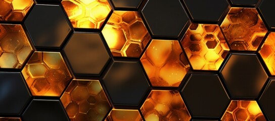 3d rendering of abstract futuristic background. Golden and black hexagons.