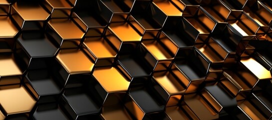 3d rendering of abstract metallic background with black and golden hexagons