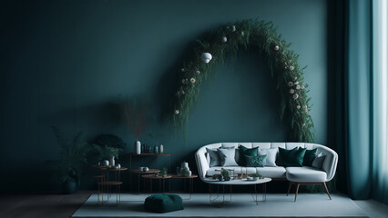 living room interior mock up, modern furniture and decorative green arch with trendy dried flowers, white sofa and armchair, 3d render_1