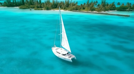 Obraz premium Aerial view of a sailboat sailing on turquoise sea