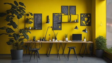 Work from home yellow color, home office, 3d render