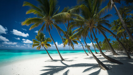 Fototapeta na wymiar Tropical beach in Punta Cana, Dominican Republic. Palm trees on sandy island in the ocean.