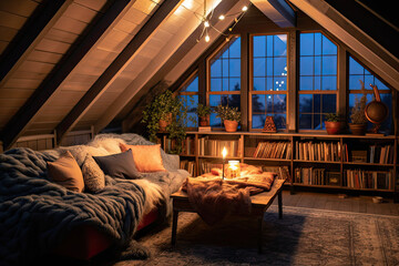 Cozy Reading Nook in Converted Attic with Exposed Elements , Real Estate Photography