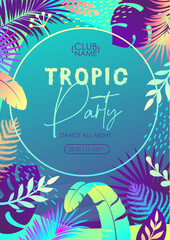 Fototapeta na wymiar Colorful summer disco party poster with fluorescent tropic leaves. Summertime background. Vector illustration
